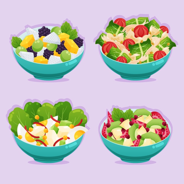 Concepto de frutas y ensaladeras