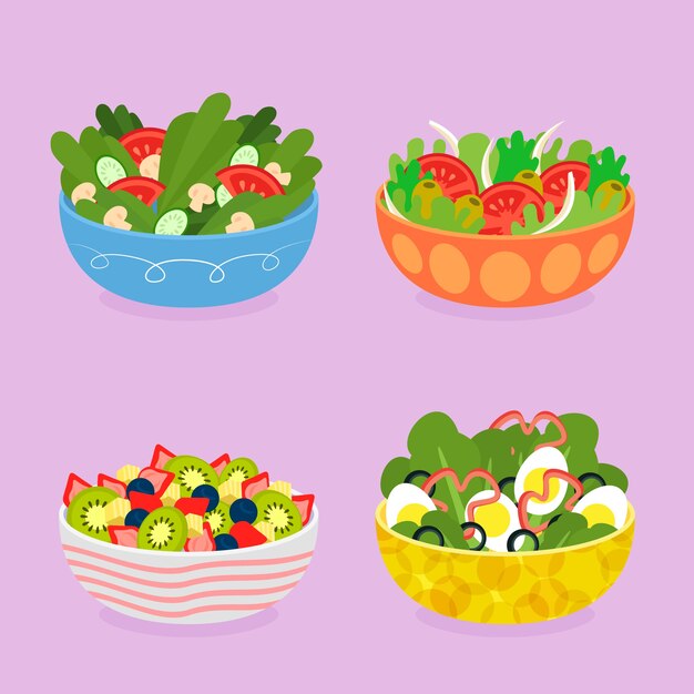 Concepto de frutas y ensaladeras