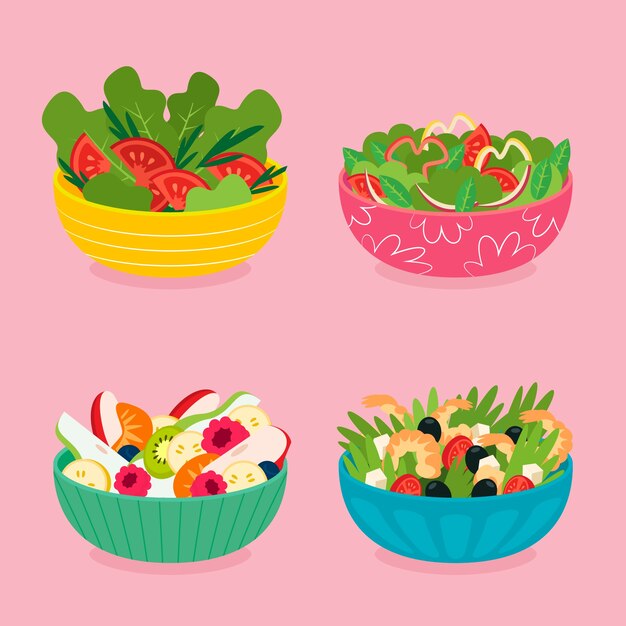 Concepto de frutas y ensaladeras