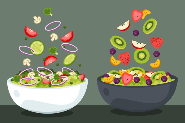 Concepto de frutas y ensaladeras