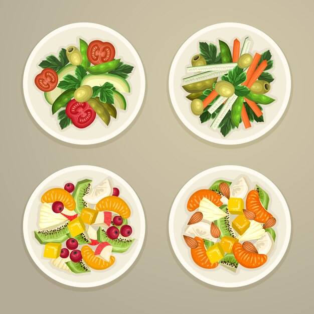 Concepto de frutas y ensaladeras