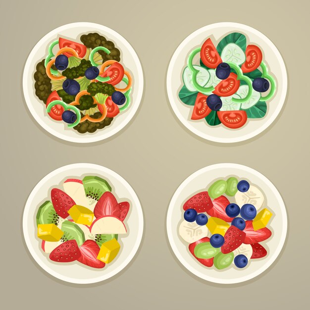 Concepto de frutas y ensaladeras