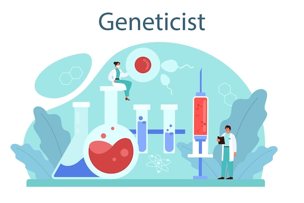 Concepto genetista Medicina y tecnología científica Trabajo científico con estructura molecular Análisis e innovación Ilustración vectorial en estilo de dibujos animados