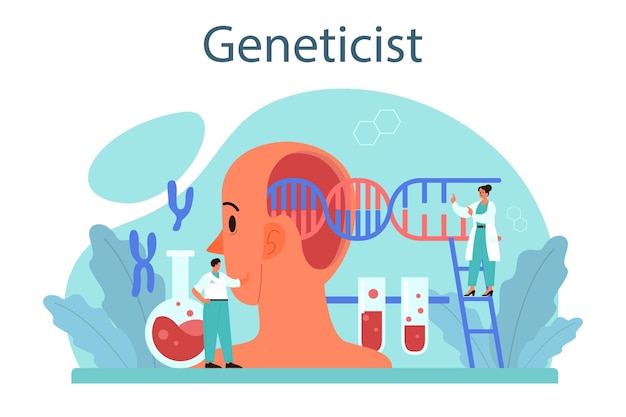 Concepto genetista medicina y tecnología científica trabajo científico con estructura molecular análisis e innovación ilustración vectorial en estilo de dibujos animados