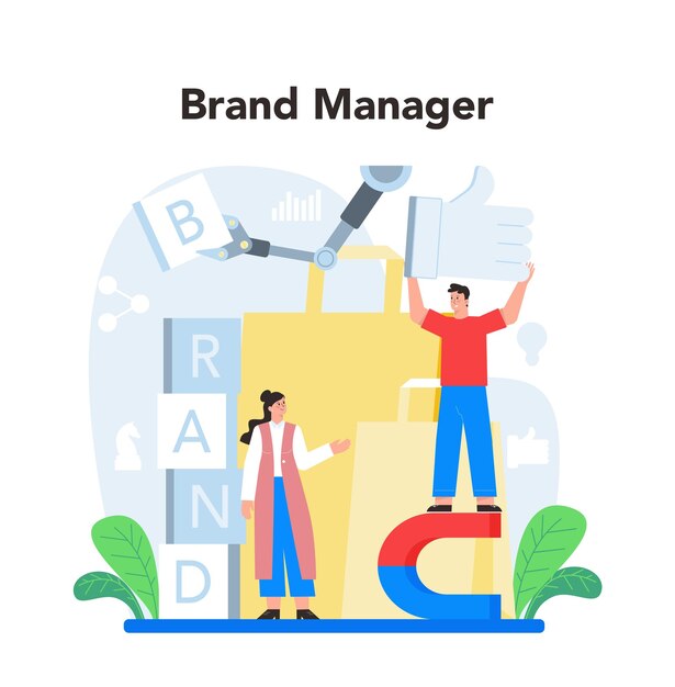 Concepto de gerente de marca Especialista en negocios crea un diseño único de una empresa Reconocimiento de marca como estrategia de marketing y promoción Ilustración plana aislada