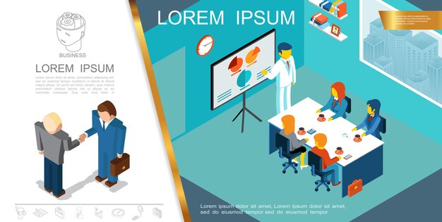Concepto de gestión empresarial isométrica con personas que participan en conferencias y empresarios dándose la mano ilustración