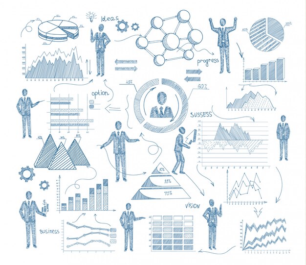 Concepto de gestión empresarial con personas y gráficos boceto