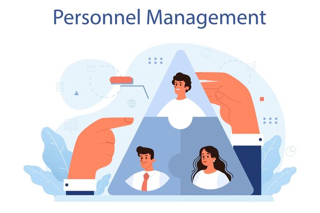 Concepto de gestión de personal Reclutamiento empresarial y adaptación de empleados Gerente de recursos humanos que contrata a nuevos trabajadores Gestión de recursos humanos Ilustración vectorial plana aislada