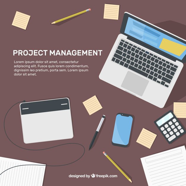 Concepto de gestión de proyectos en estilo flat con dispositivos