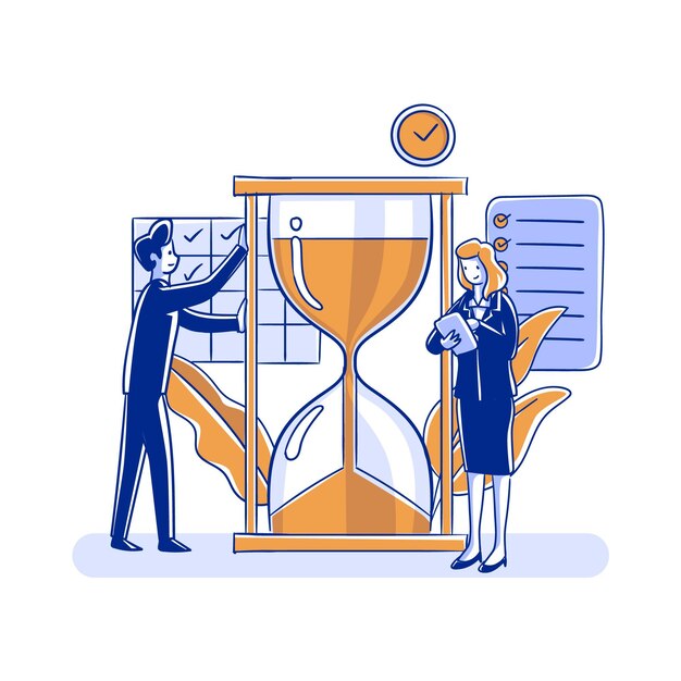 Concepto de gestión del tiempo personas y reloj de arena.