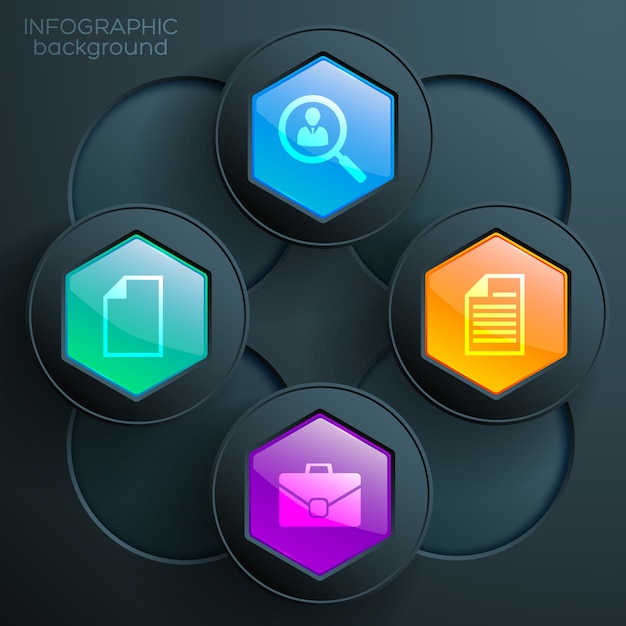 Concepto de gráfico de infografía web con iconos de negocios coloridos botones hexagonales brillantes y círculos oscuros