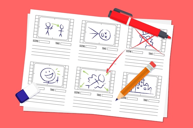 Concepto de guión gráfico con lápiz y marcador