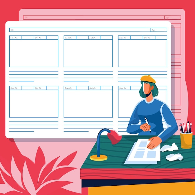 Concepto de guión gráfico con persona en el escritorio