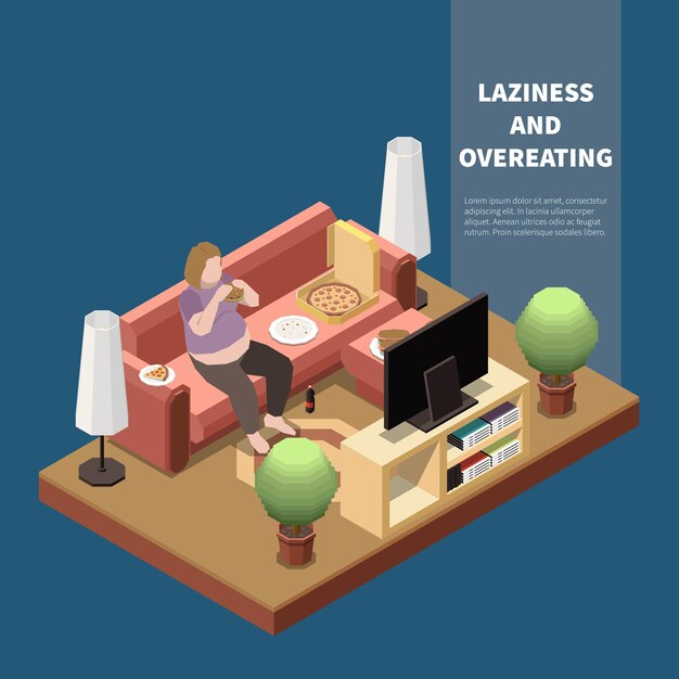 Concepto de gula con mujer regordeta comiendo pizza en casa ilustración isométrica 3d