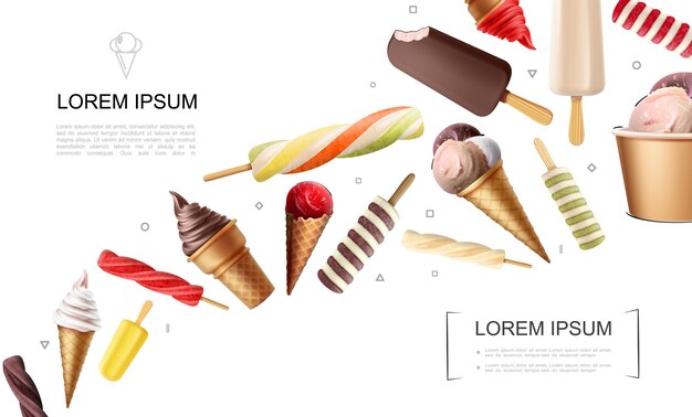 Concepto de helado realista con paletas de helado de frutas dulces paletas de helado de chocolate con leche paletas en cono de waffle