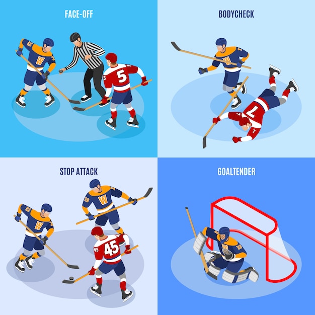 Vector gratuito concepto de hockey 4 composiciones isométricas con jugadores de defensa deteniendo el ataque frontal y portero