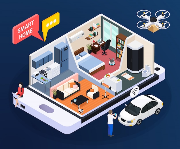 Concepto de hogar inteligente con diseño de sala y hogar, ilustración vectorial isométrica