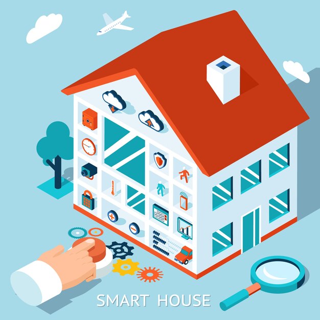 Concepto de hogar inteligente isométrico. Control de la casa presionando botón.