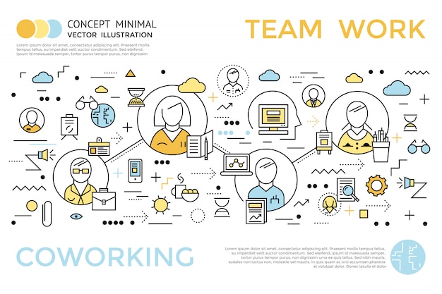 Concepto horizontal de coworking coloreado en estilo lineal con título y descripciones sobre el trabajo en equipo ilustración vectorial