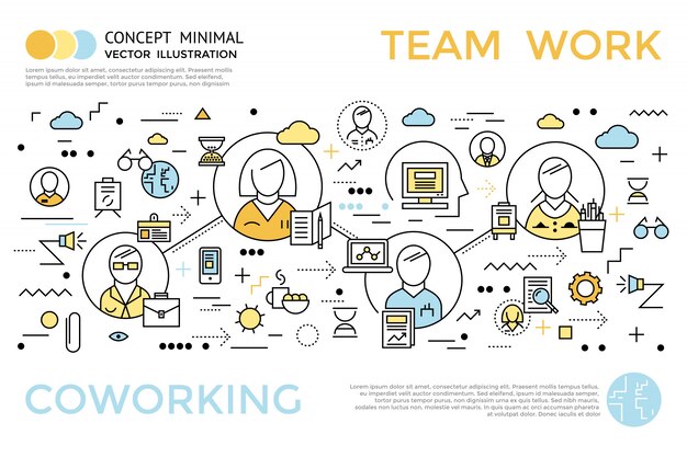 Concepto horizontal de coworking coloreado en estilo lineal con título y descripciones sobre el trabajo en equipo ilustración vectorial