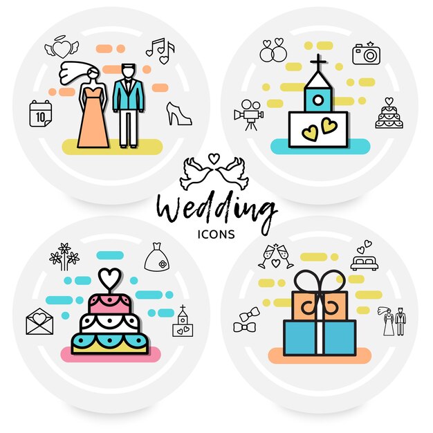 Concepto de iconos de línea de boda con novia novio zapato corazón iglesia cámara pastel anillos carta vestido de fuegos artificiales