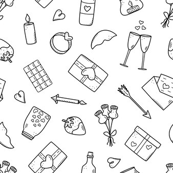 Concepto de iconos de patrones sin fisuras del día de san valentín. vector doodle accesorios románticos velas corazones anillo botella y vasos de vino, labios de regalo chocolate fresa.