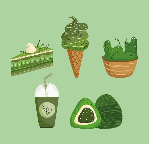 concepto de iconos planos de comida matcha