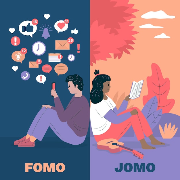 Vector gratuito concepto de ilustración de fomo vs jomo