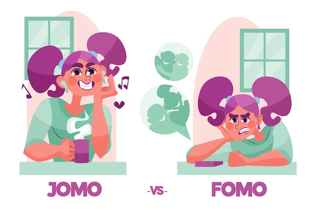 Concepto ilustrado de fomo vs jomo