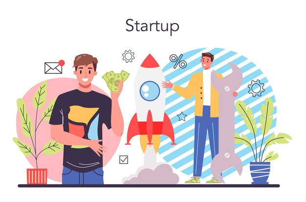 Concepto de impulso empresarial Puesta en marcha y éxito en la carrera personal Desarrollo empresarial y aumento de beneficios debido al aumento de ventas Ilustración de vector plano aislado
