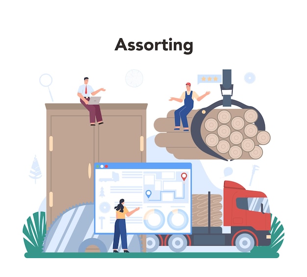 Vector gratuito concepto de industria maderera inspector de verificación como línea de producción forestal control de calidad proceso de tala y carpintería ilustración vectorial plana aislada