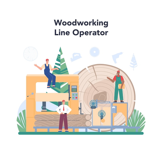 Vector gratuito concepto de la industria maderera operador de línea de carpintería como línea de producción forestal control del proceso de aserrado proceso de fabricación y carpintería ilustración vectorial plana aislada