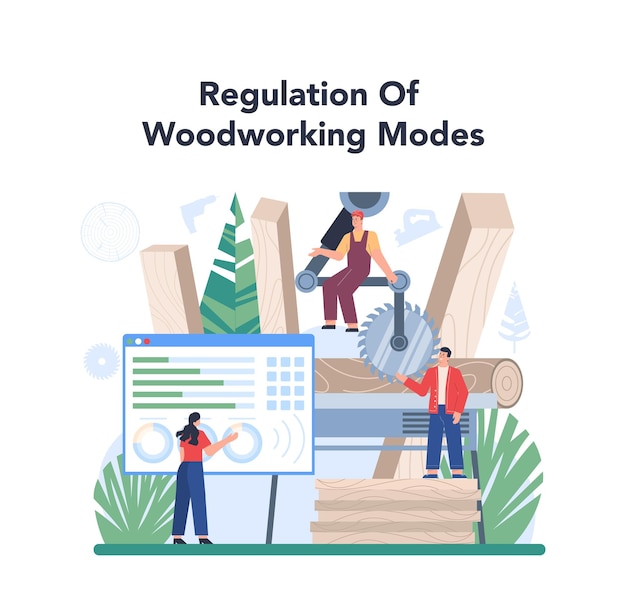 Concepto de la industria maderera Operador de línea de carpintería como línea de producción forestal Control del proceso de aserrado Proceso de fabricación y carpintería Ilustración vectorial plana aislada