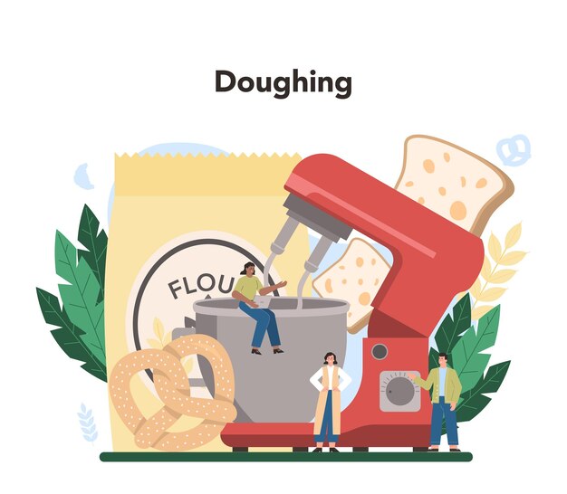 Concepto de la industria de la panadería Proceso de pastelería para hornear Trabajador de panadería que hace masa y productos de pastelería Ilustración vectorial aislada