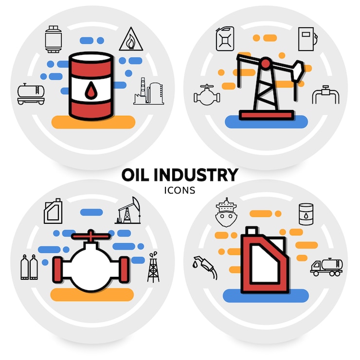 Vector gratuito concepto de la industria petrolera con el camión dispensador de bomba de combustible de tubería de fábrica de refinería de barril de válvula de plataforma de perforación