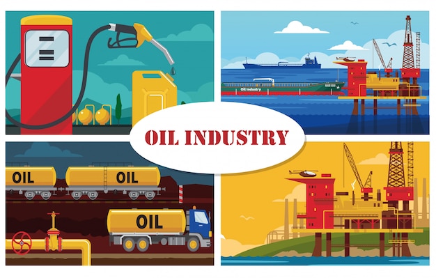 Concepto de industria petrolera plana con plataforma de perforación de agua, plataforma, buque cisterna, gasolinera, bote, bomba de combustible, tubería, camión, ferrocarril, tanques de gasolina