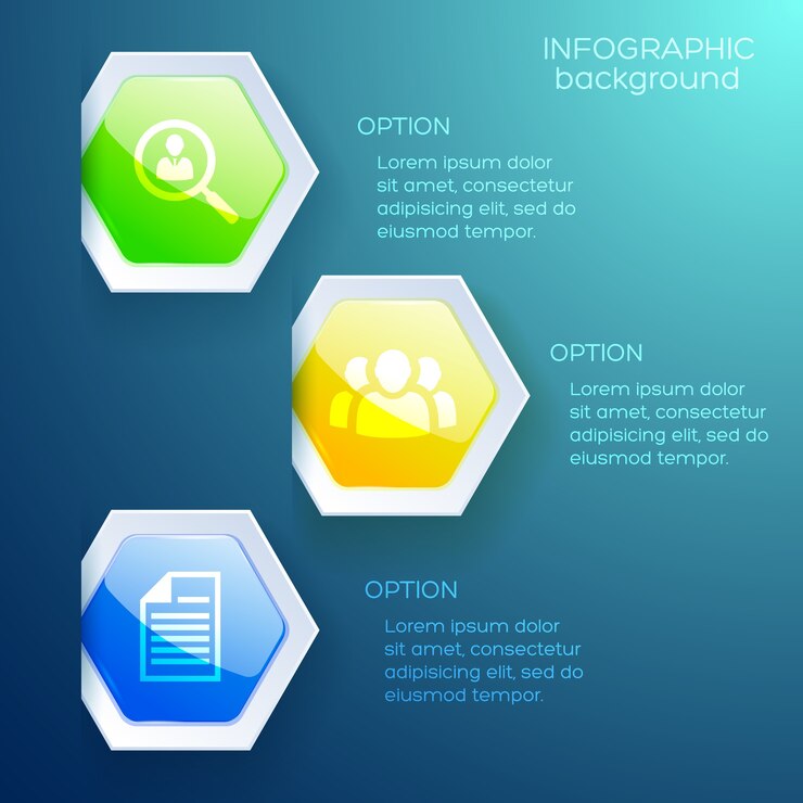 Vector gratuito concepto de infografía abstracto con tres opciones de iconos de negocios y coloridos hexágonos brillantes
