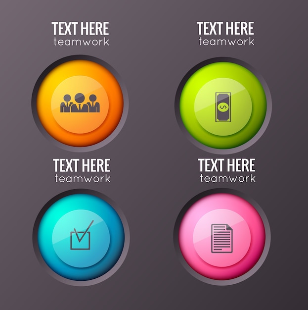 Concepto de infografía con cuatro botones redondos brillantes aislados con pictogramas de negocios planos y texto editable