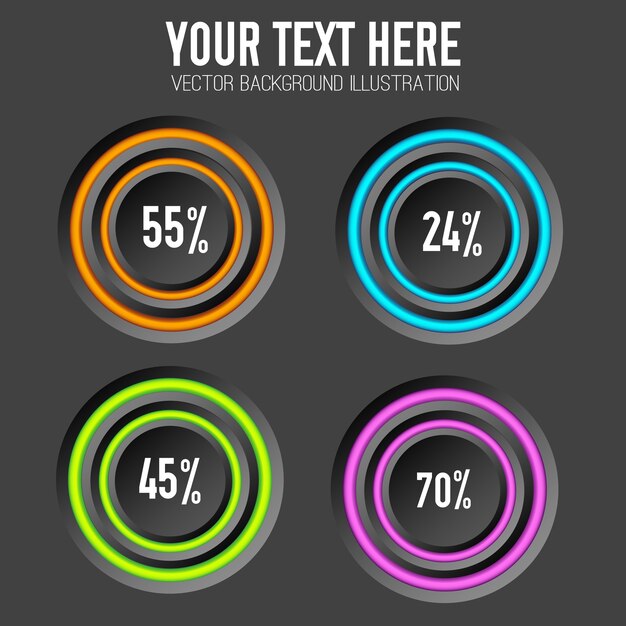Concepto de infografía empresarial con cuatro botones redondos, anillos de colores y porcentaje