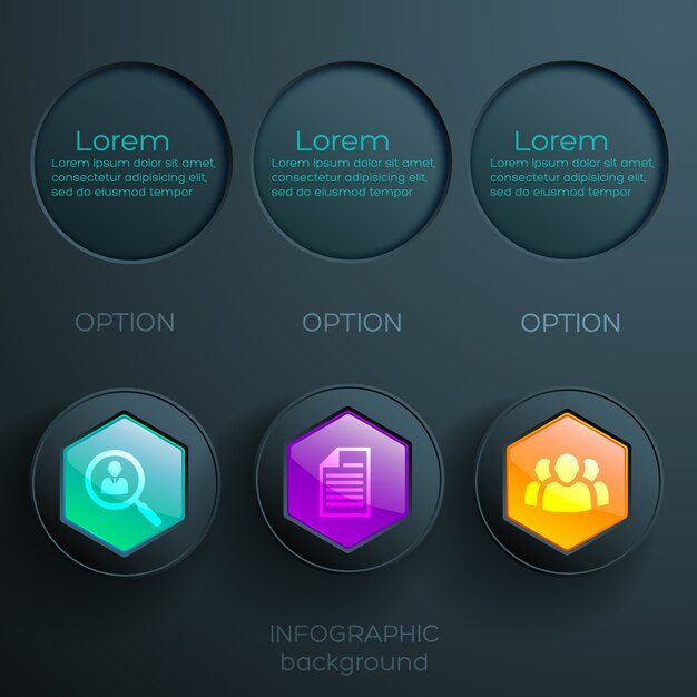 Concepto de infografía empresarial con iconos coloridos botones hexagonales brillantes y círculos oscuros