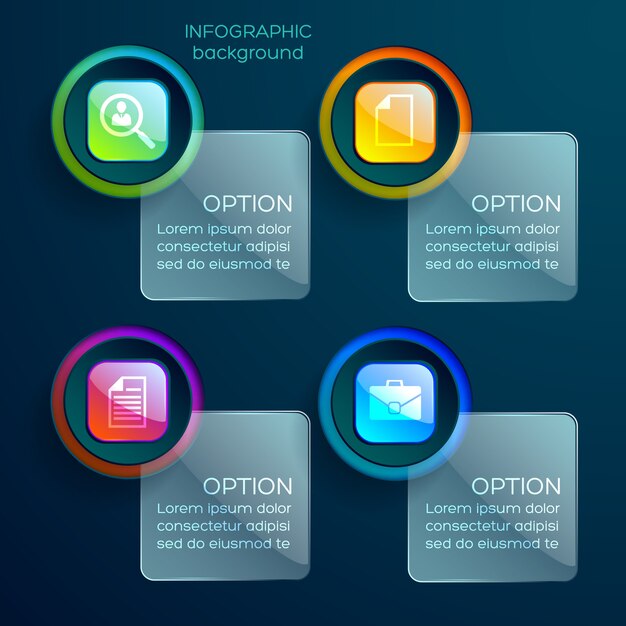 Concepto de infografía empresarial con iconos coloridos elementos web brillantes y cuadrado de vidrio con texto aislado