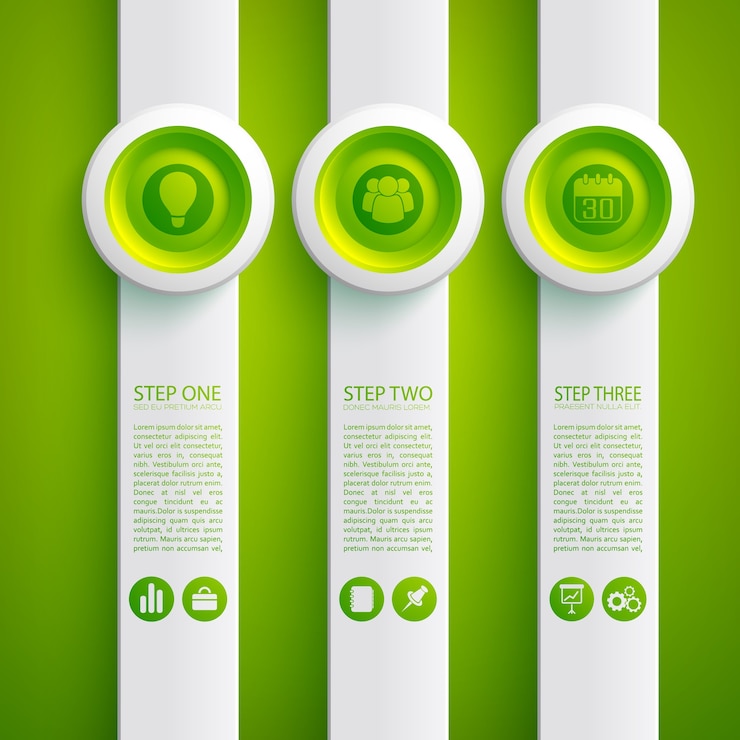 Vector gratuito concepto de infografía empresarial con iconos de tres formas verticales grises y botones redondos
