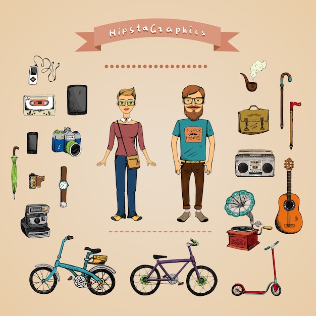Concepto de infografía hipster con hombre, niña y accesorios aislados