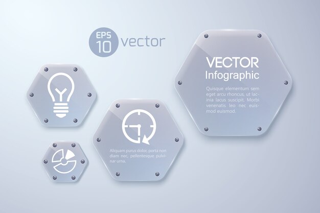 Concepto de infografía con iconos blancos y hexágonos de cristal