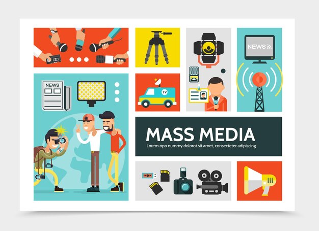 Concepto de infografía de medios de comunicación plana con noticias, radio, torre, megáfono, cámaras, periódico