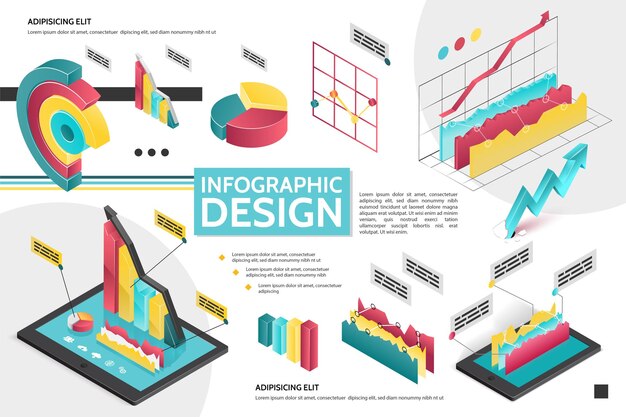 Concepto de infografía moderna isométrica con diagramas gráficos gráficos circulares para la ilustración de presentación de negocios