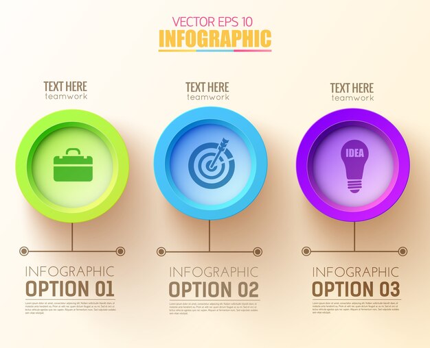 Concepto de infografía de opciones abstractas con tres círculos coloridos e iconos de negocios
