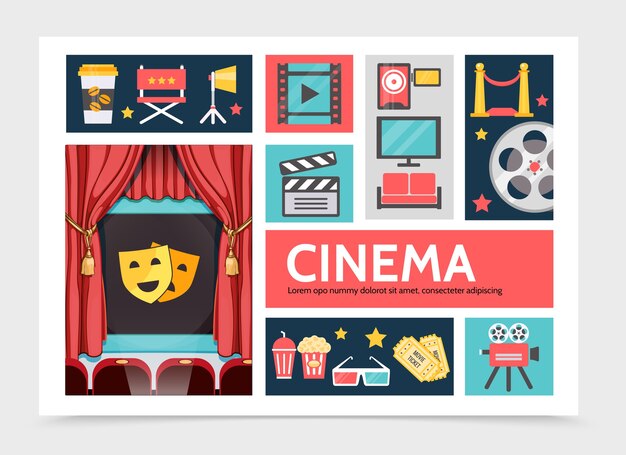 Concepto de infografía de película plana con café soda palomitas de maíz proyector de tira de película pantalla de cine tv