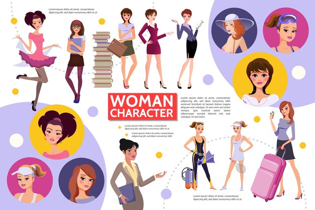 Concepto de infografía de personajes de mujer plana