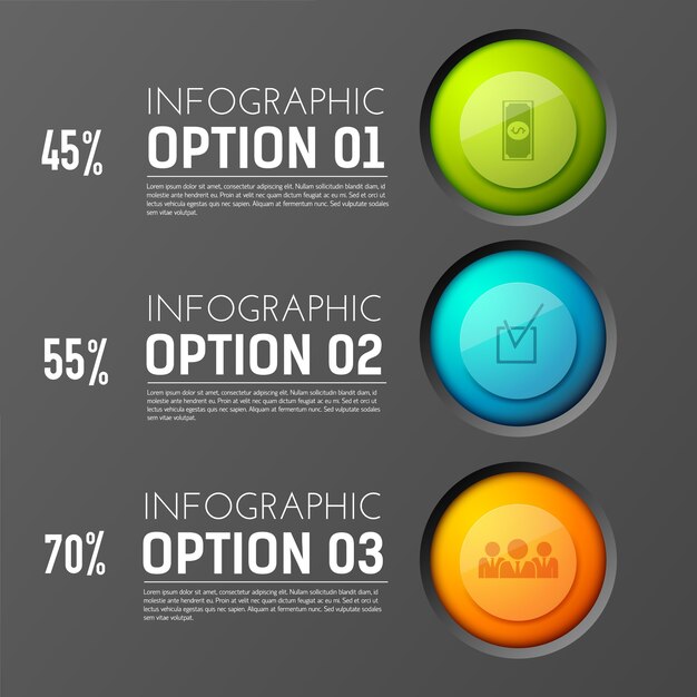 Concepto de infografía de trabajo en equipo con tres botones de opción pictogramas redondos columnas de texto apropiadas y porcentaje